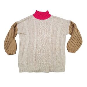 Moon River Sweater Womens Small Pink/Beige Colorblock Chunky Knit Cable Pullover